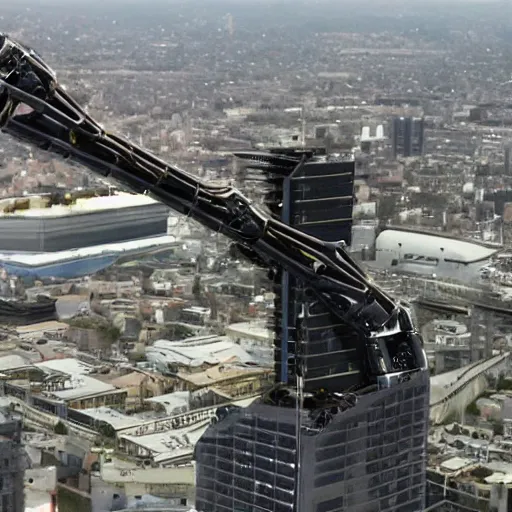 Prompt: Humanity has built a giant metallic robot arm the size of a skyscraper to grab the moon