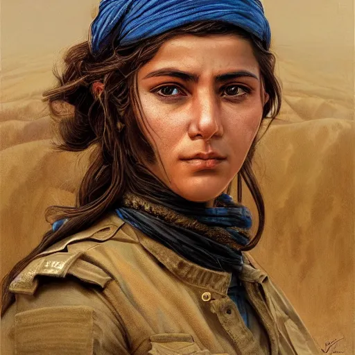 Image similar to a portrait of a beautiful woman Kurdish YPJ soldier, detailed, centered, digital painting, artstation, concept art, donato giancola, Joseph Christian Leyendecker, WLOP, Boris Vallejo, Breathtaking, 8k resolution, extremely detailed, beautiful, establishing shot, artistic, hyperrealistic, beautiful face, octane render