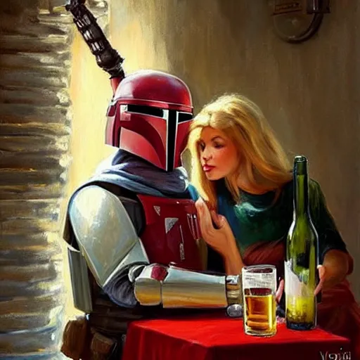 Prompt: Boba Fett and a beautiful young blonde drinking beer in a wine cellar, food, meat, schnapps, torches on the wall, romantic, love, inviting, cozy, painting!! by Vladimir Volegov!!!