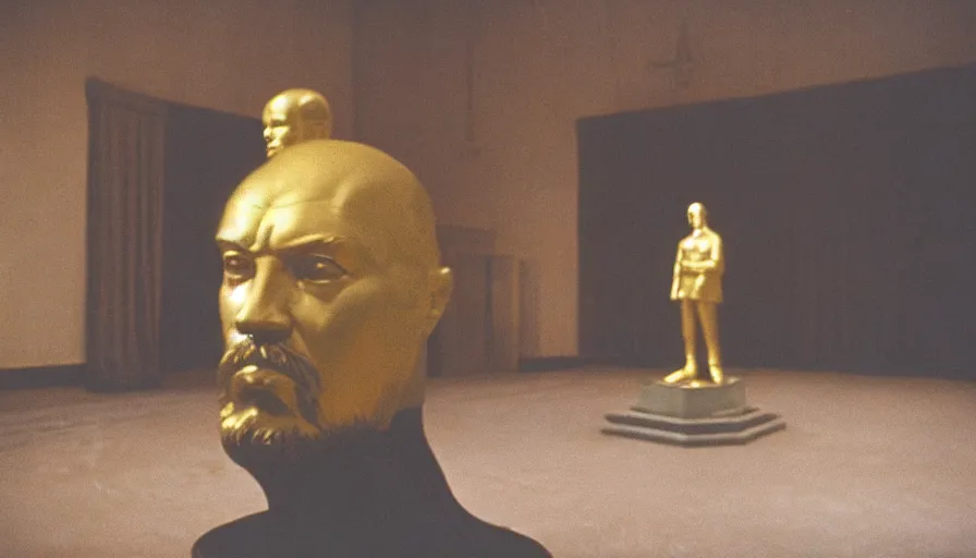 Image similar to movie still by tarkovsky portrait of a gold statue of lenin in an empty ballroom, cinestill 8 0 0 t 3 5 mm, heavy grain, high quality, high detail