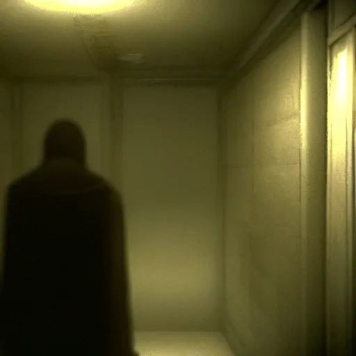 Prompt: in the house of p. t., dark hallway, bad camrea, hideo kojima's ghost form appears in front of you, unreal engine 5