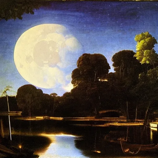 Image similar to moonlit lake by caravaggio, photorealistic,