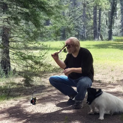 Prompt: man smoking glass pipe at cottonwood campground with white dog in background