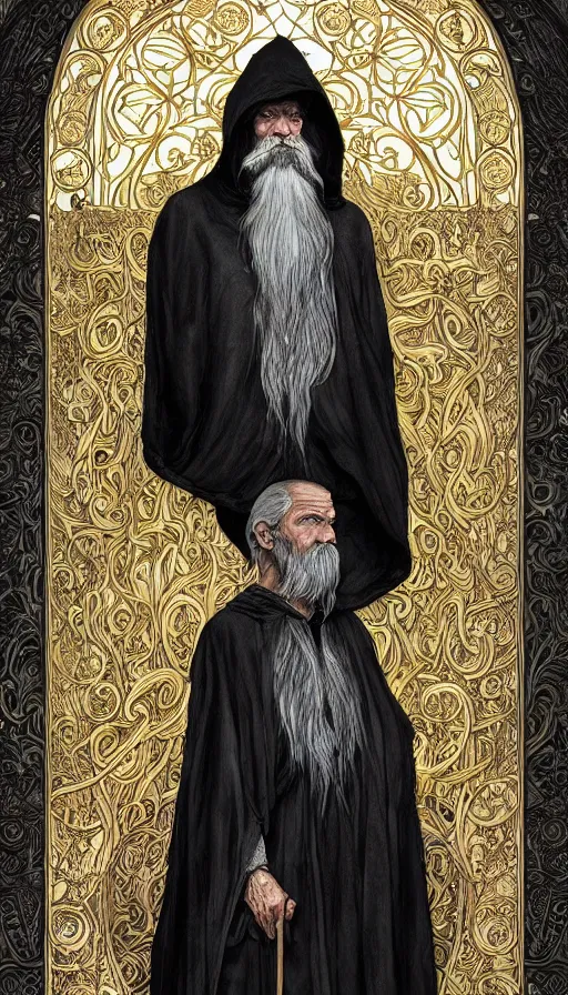 Prompt: one old man with white beard wore a black cloak, a black cloak and a white beard, highly detailed, very intricate, art nouveau, gold filigree, left right symmetry, tarot concept art watercolor illustration by mandy jurgens and alphonse mucha and alena aenami, featured on artstation