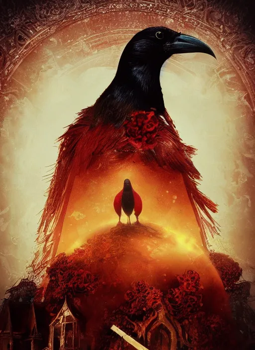 Image similar to red and golden color details, portrait, A crow with red eyes in front of the full big moon, book cover, red roses, red white black colors, establishing shot, extremly high detail, foto realistic, cinematic lighting, castle in the background, by Yoshitaka Amano, Ruan Jia, Kentaro Miura, Artgerm, post processed, concept art, artstation, raphael lacoste, alex ross, portrait, A crow with red eyes in front of the full big moon, book cover, red roses, red white black colors, establishing shot, extremly high detail, photo-realistic, cinematic lighting, by Yoshitaka Amano, Ruan Jia, Kentaro Miura, Artgerm, post processed, concept art, artstation, raphael lacoste, alex ross