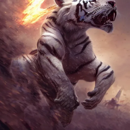 Image similar to a award winning commission of an amthro albino soldier tiger shooting,digitalt art,hyperdetailed,photorealistic,art by greg rutkowski,character design by charles bowater,ross tran,deviantart,artstation,high detailed,cinematic,movie scene,cool,detailed face