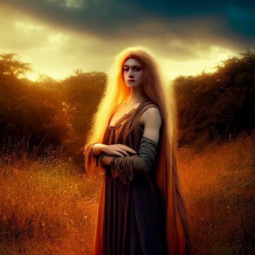 Image similar to photographic portrait of a stunningly beautiful witch pagan priestess female in soft dreamy light at sunset, contemporary fashion shoot, by edward robert hughes, annie leibovitz and steve mccurry, david lazar, jimmy nelsson, breathtaking, 8 k resolution, extremely detailed, beautiful, establishing shot, artistic, hyperrealistic, beautiful face, octane render