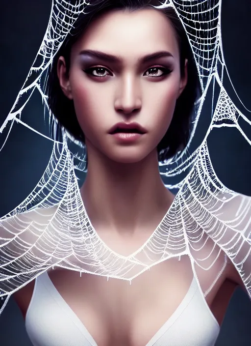 Image similar to a gorgeous female cover with spider webs photo, professionally retouched, soft lighting, realistic, smooth face, full body shot, torso, dress, perfect eyes, wide angle, sharp focus on eyes, 8 k high definition, insanely detailed, intricate, elegant, art by artgerm and jason chan and mark litvokin