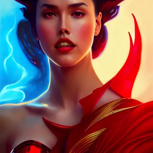Prompt: catriona gray as darna, volumetric lights, red and cyan theme, art nouveau botanicals, intricate, highly detailed, digital painting, artstation, concept art, smooth, sharp focus, cinematic, illustration, beautiful face, art by artgerm and greg rutkowski and alphonse mucha