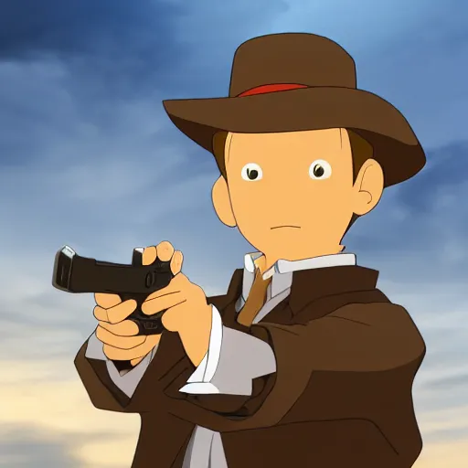 Image similar to professor layton as a real person holding a gun, 4k photograph, extreme low angle, longshot, fast shutter speed, backlighting, in the style of james bind