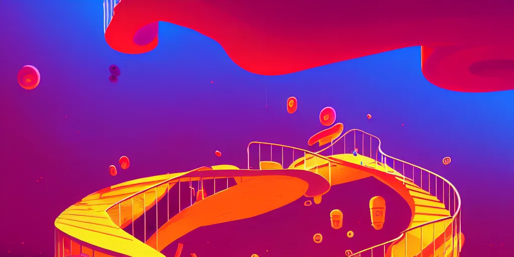 Image similar to spiral lines, minimalistic, extreme wide angle, curved perspective, digital art, subsurface scattering, indoor casino staircase, by anton fadeev, lorax movie, cotton candy smoke, artstation