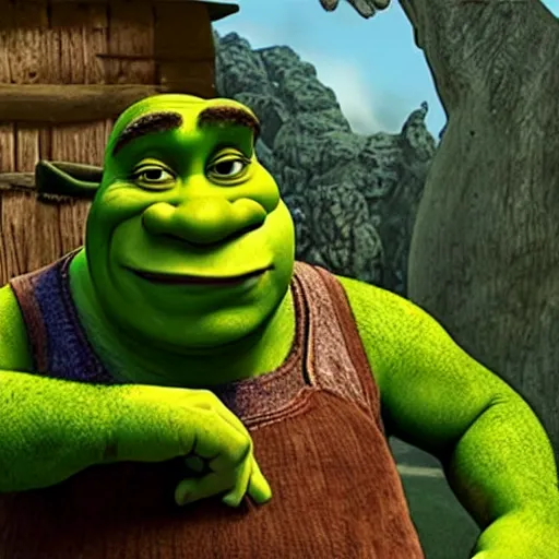 Prompt: shrek inviting people to come into his swamp hut with a sign that says'gxrch'