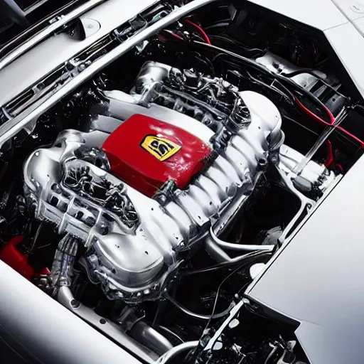 Prompt: “ferrari F136 engine in a Subaru viewed from above, no front end, photograph wide angle”