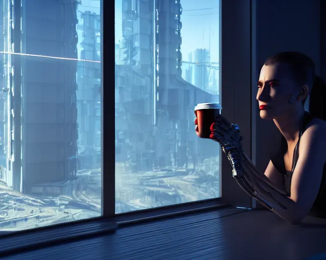 Image similar to a terminator cyborg lady with borg implants and optical fibers is drinking coffee near a window with dystopian city visible outside. very detailed 8 k. cyberpunk style. unreal engine render. global illumination. nanite. rtx. path tracing.