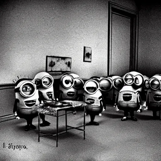 Image similar to Minions living in an insane asylum, creepy photo, minions screaming, nightmare, grainy, lost photo