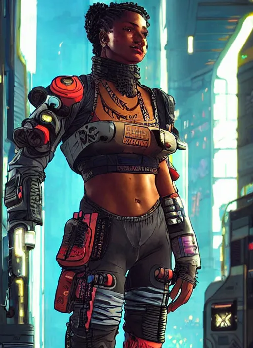 Image similar to sonya. apex legends cyberpunk weight lifter. concept art by james gurney and mœbius. cinematic, dramatic lighting ( cyberpunk 2 0 7 7 ), clean aesthetic