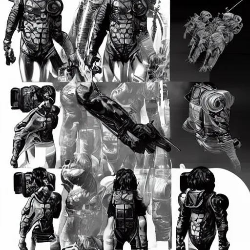 Prompt: character sheet of Astronaut from Kojima Productions by Yoji Shinkawa with Artgem and Glenn Fabry, trending on Artstation concept arts