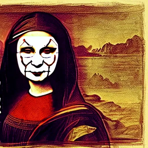 Image similar to grunge drawing of a happy mona lisa in the style of loony toons | horror themed | pennywise style