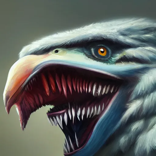 Image similar to giant bird with sharp teeth, oil painting, ultradetailed, artstation, ultradetailed, digital painting, ultradetailed