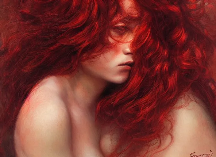 Image similar to a highly detailed beautiful portrait of woman with deep red hair, heat emanating from her hair ( fiery ), james gurney, james jean