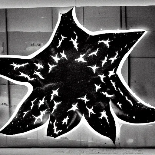 Image similar to North korean starfish monster, kaiju-eiga, thriller, monochrome, film grain, flare, backlit