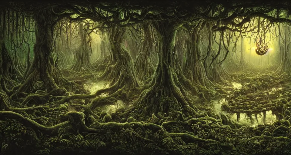 Prompt: A dense and dark enchanted forest with a swamp, by Naoto Hattori
