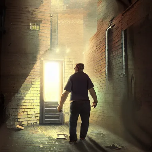 Image similar to a man finding a secret portal in an alley, highly detailed, digital art, 8k, cinematic lighting