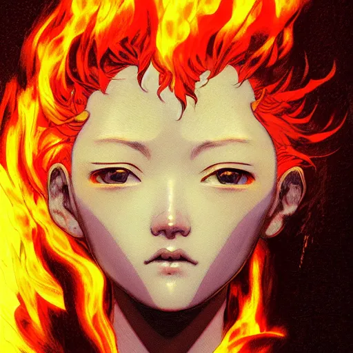 Image similar to prompt : flames portrait soft light painted by james jean and katsuhiro otomo and erik jones, inspired by evangeleon anime, smooth face feature, intricate oil painting, high detail illustration, sharp high detail, manga and anime 1 9 9 9