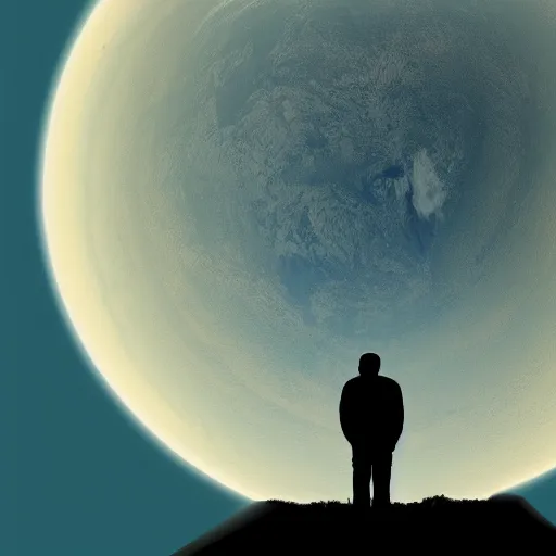 Image similar to 4K ultra HD detailed award-winning wallpaper silhouette of lonely man standing looking at Earth from far away huge vast sky universe