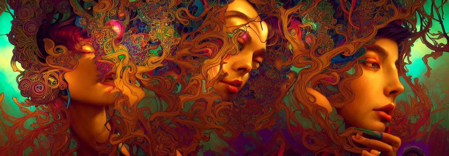 Image similar to An extremely psychedelic experience, colorful, surreal, dramatic lighting, psilocybin, LSD, centered, face, detailed, intricate, elegant, highly detailed, digital painting, artstation, concept art, smooth, sharp focus, illustration, art by Marco Plouffe, Krenz Cushart and Artem Demura and alphonse mucha