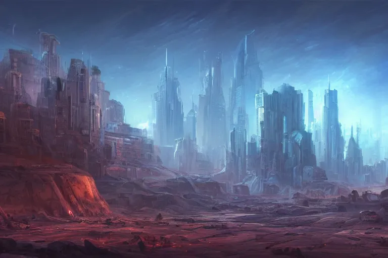 Prompt: an epic landscape view of a high - rise city on mars, with glowing lights at night, painted by tyler edlin, close - up, low angle, wide angle, atmospheric, volumetric lighting, cinematic concept art, very realistic, highly detailed digital art