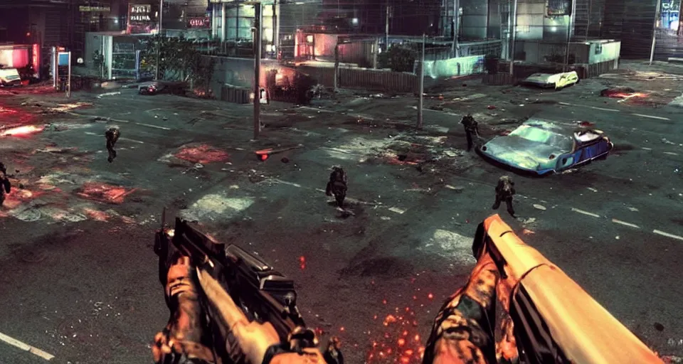 Image similar to 1989 Video Game Screenshot of Neo-tokyo Cyborg bank robbers vs police FPS, Set in Tokyo Bank Parking Lot, Dark, Multiplayer set-piece Ambush, Tactical Squads :10, Police officers under heavy fire, Suppressive fire, Pinned down, Destructible Environments, Gunshots, Headshot, Bullet Holes and Anime Blood Splatter, :10 Gas Grenades, Riot Shields, MP5, AK45, MP7, P90, Chaos, Anime Machine Gun Fire, Gunplay, Shootout, :14 FLCL + Akira, Cel-Shaded:17, Created by Katsuhiro Otomo + Arc System Works + miHoYo: 20