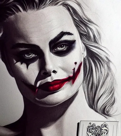 Image similar to tattoo design sketch of beautiful margot robbie portrait with joker makeup, holding an ace card, in the style of den yakovlev, realistic face, black and white, realism tattoo, hyper realistic, highly detailed