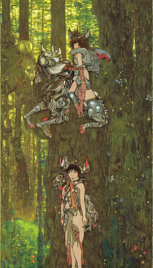 Image similar to Princess Mononoke, fully clothed in armor, lush fairy forest, neon, concept art, schematics, gnarly details painted by gustav klimt, norman rockwell, mucha, james gurney, high detail, denoised, sharp, architectural