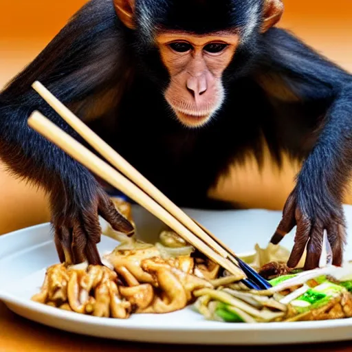 Prompt: Monkey eating Chinese food from a box using chopsticks