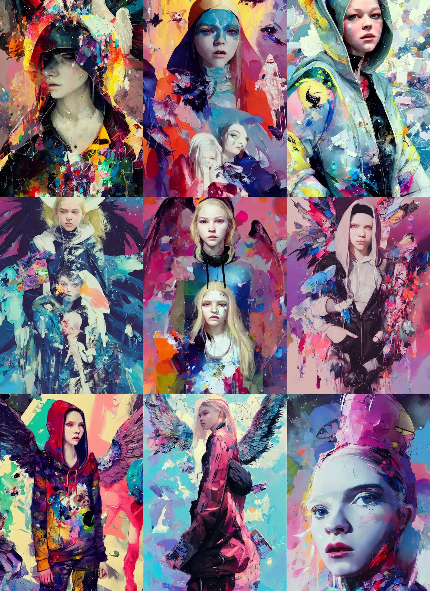 Prompt: hunter schafer in the style of martine johanna and greg rutkowski, wearing hoodie, madonna surrounded by angels, street fashion,!! haute couture!!, full figure painting by john berkey, david choe, ismail inceoglu, gorgeous features, detailed impasto brushwork