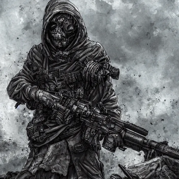 Image similar to gritty hooded apocalyptic man shouldering laser - rifle surrounded by destroyed machine, hyper - detailed, sharp focus, 4 k ultra hd, fantasy dark art, apocalyptic art