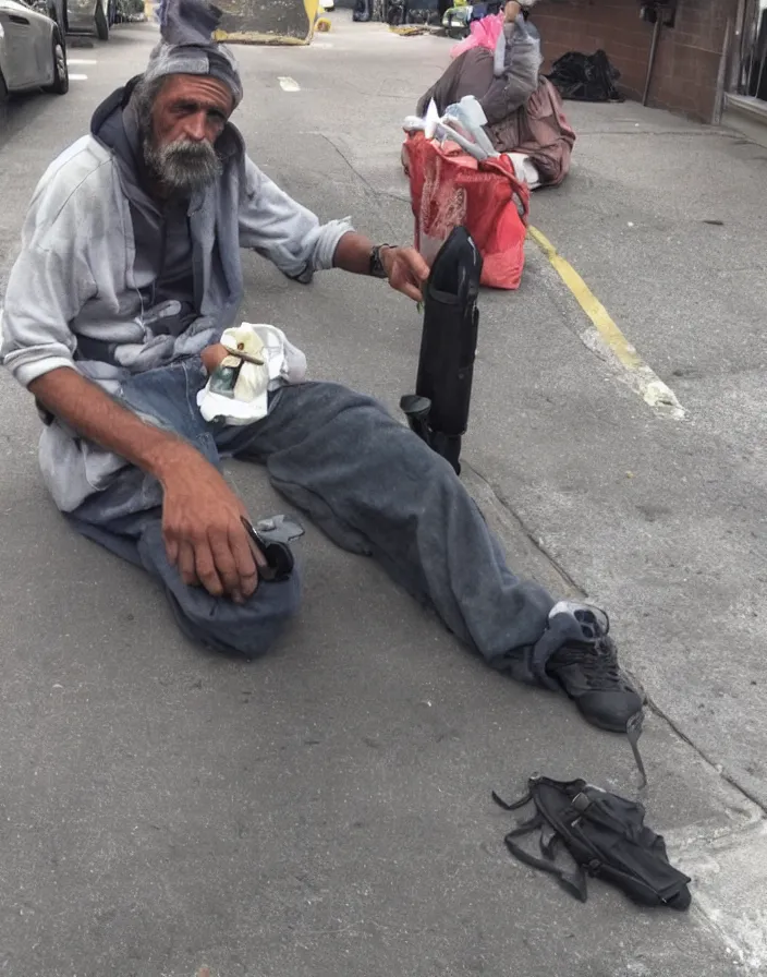 Image similar to phone photo of a homeless man showing off a crack pipes, bad quality, phone photo, leaked photo, paparazzi photo, realistic, 720p