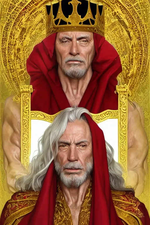 Prompt: Portrait of historically accurate, ancient biblical, sultry, sneering, evil, pagan, old kindah kingdom king, muscular, wearing gilded red royal robes, long white hair, intricate, elegant, highly detailed, digital painting, artstation, concept art, smooth, sharp focus, illustration, art by artgerm and greg rutkowski and alphonse mucha and andrei riabovitchev