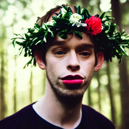 Prompt: close up kodak portra 4 0 0 photograph of a skinny guy standing in a dark forest, flower crown, flower covering mouth, moody lighting, telephoto, 9 0 s vibe, blurry background, vaporwave colors, faded!,