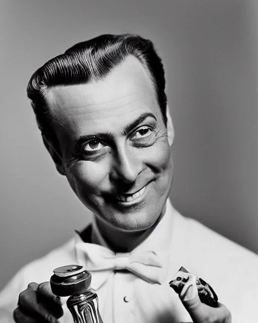 Prompt: a portrait of a grinning clean shaven subgenius with tobacco pipe photograph by george hurrel