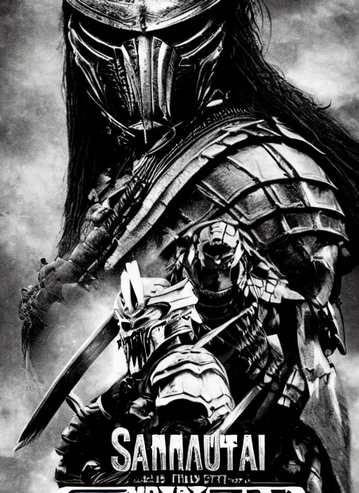 Image similar to movie film poster art for samurai vs predator film staring hiroyuki sanada. in the style of ansel adams, frank frazzetta, warcraft
