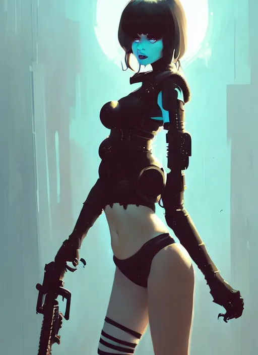 Image similar to portrait of cute goth girl in cyber bikini armor, warhammer, cyberpunk, by atey ghailan, by greg rutkowski, by greg tocchini, by james gilleard, by joe fenton, by kaethe butcher, by gustav klimt, dynamic lighting, gradient light blue, brown, blonde cream and white color in scheme, grunge aesthetic