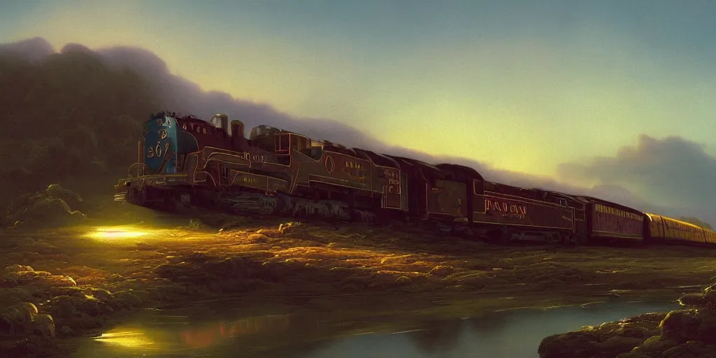 Image similar to very detailed and perfectly readable fine and soft relevant out of lines soft edges painting by beautiful walt disney animation films of the late 1 9 9 0 s and thomas cole in hd, we see a scrapped train in the middle of a lunar landscape, nice lighting, perfect readability, uhd upscale