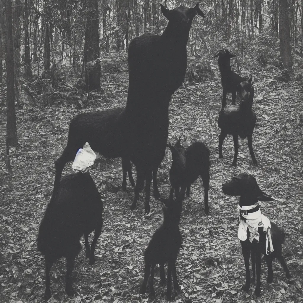 Prompt: polaroid of a black goat, a dog and a black totem in the forest, occult,