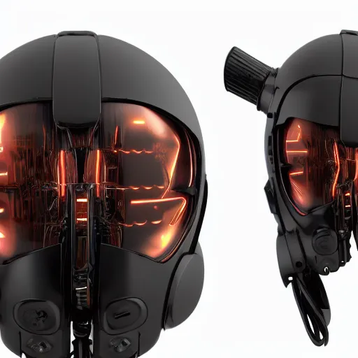 Prompt: cyberpunk mechanical helmet with side intircate hoses looking straight by Vitaly Bulgarov, front view