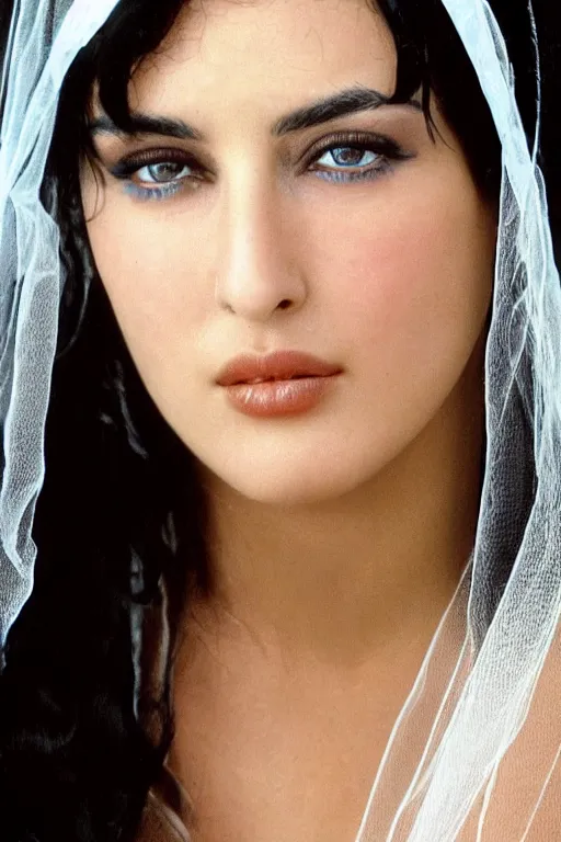 Prompt: young arab Monica Bellucci, blue eyes, long wavy black hair, white veil, closeup, focus, colored, middle eastern
