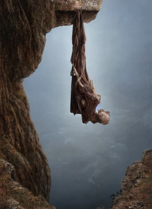 Image similar to action shot of Nicole Kidman hanging from a cliff face, Les Edwards, Zdzislaw Beksinski, Carl Gustav Carus, John Harris, Michal Karcz, Zhang Kechun, Mikko Lagerstedt, Scott Listfield, Steven Outram, Jessica Rossier