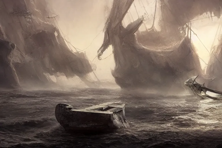 Prompt: A battered Trireme, Scylla and Charybdis and an ancient boat by Jessica Rossier and HR Giger cinematic concept painting