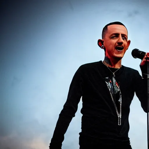 Prompt: chester bennington singing on top of a mountain